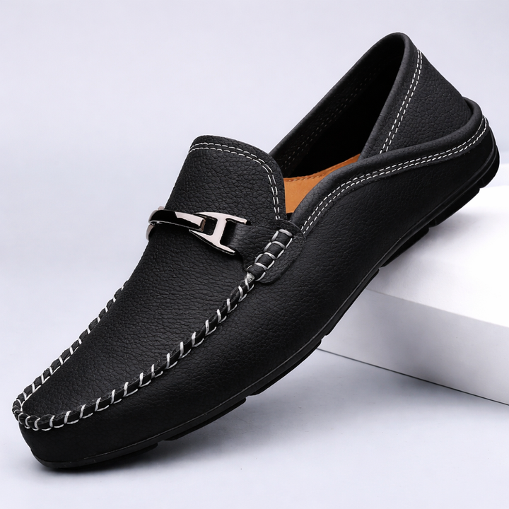 Men's Leather Loafers with Metal Buckle - Moccasin Slip-On