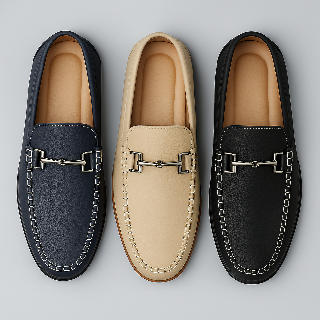 Men's Leather Loafers with Metal Buckle - Moccasin Slip-On