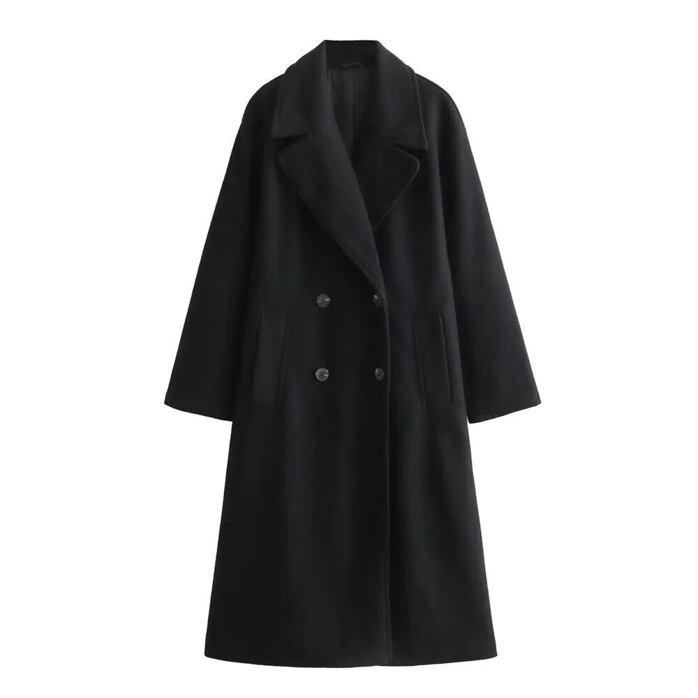 Ladies Long Coat Double-Breasted with Notch Lapels