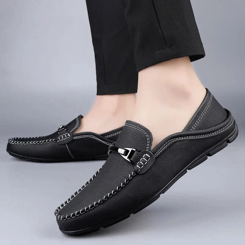 Men's Leather Loafers with Metal Buckle - Moccasin Slip-On