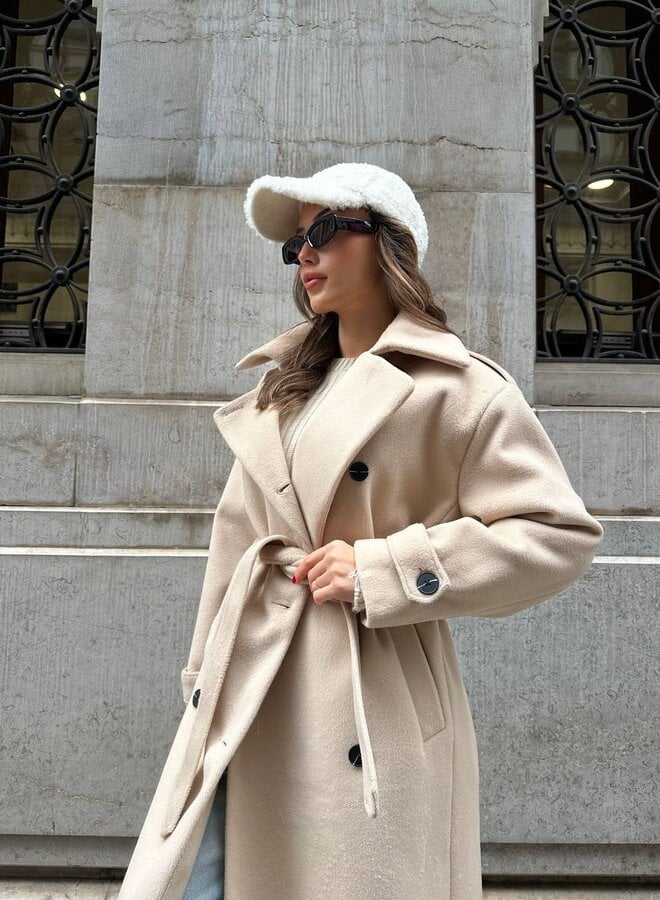 Ladies Long Coat Double-Breasted with Notch Lapels