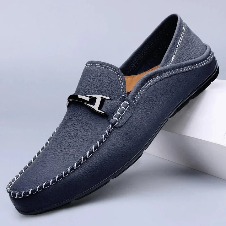 Men's Leather Loafers with Metal Buckle - Moccasin Slip-On