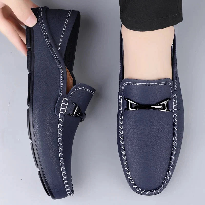 Men's Leather Loafers with Metal Buckle - Moccasin Slip-On