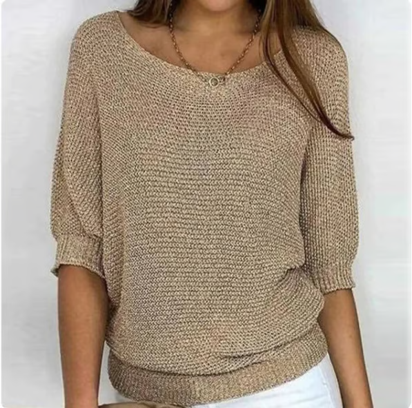 Marga Classic Sweater with Round Neck and 3/4 Sleeves, view 2 - Elena Harper