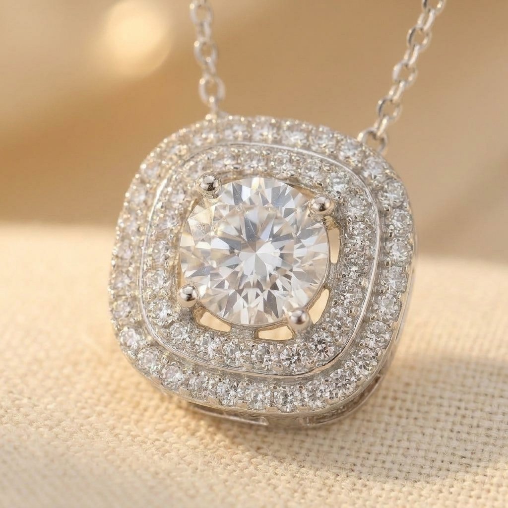 925 Sterling Silver Elegant Moissanite Necklace With Double Halo Design Necklace - Elena Harper