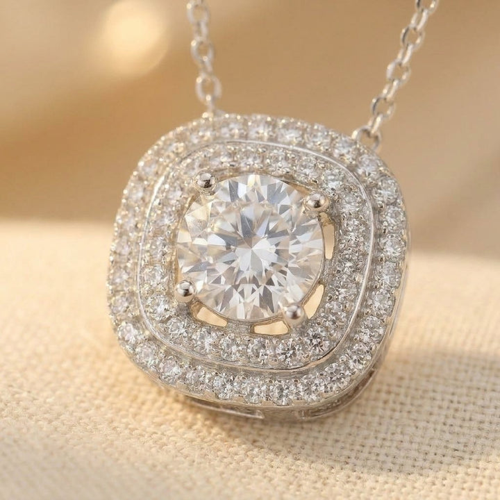 925 Sterling Silver Elegant Moissanite Necklace With Double Halo Design Necklace - Elena Harper