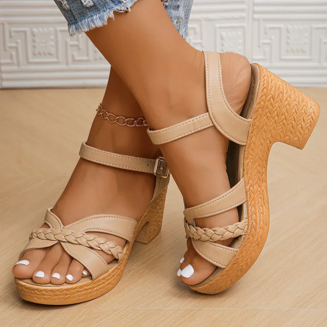 Sandals with Block Heel and Woven Straps for Women