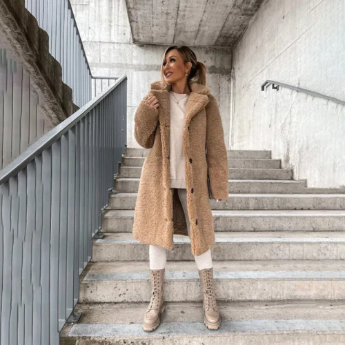 Long Teddy Coat with Lapel Collar for Women