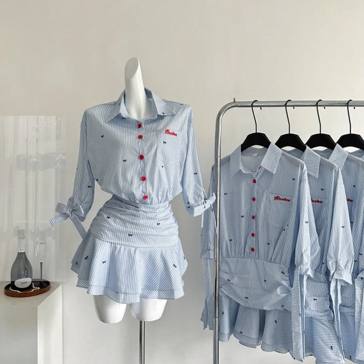 Women's Striped Dress with Button Blouse and Pleated Miniskirt - Norys