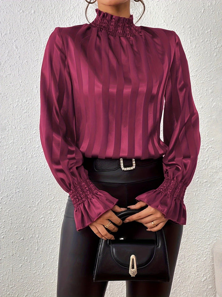 Striped Satin Blouse with High Neck for Women