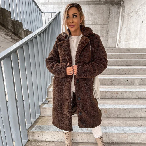 Long Teddy Coat with Lapel Collar for Women