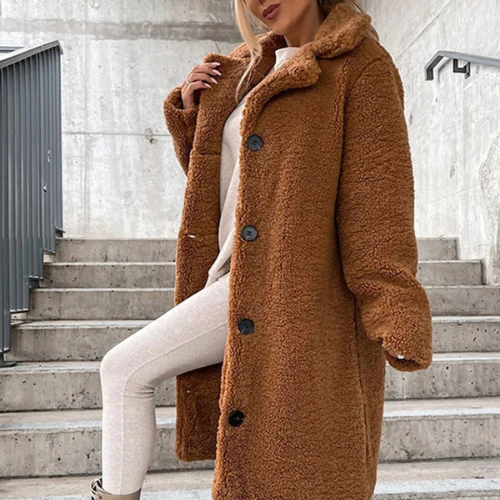 Long Teddy Coat with Lapel Collar for Women