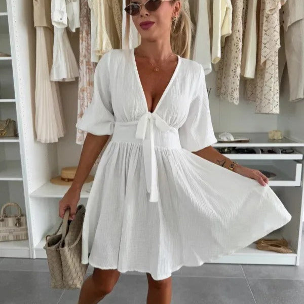 Short women's dress with ruched neckline and puffed sleeves - Céline