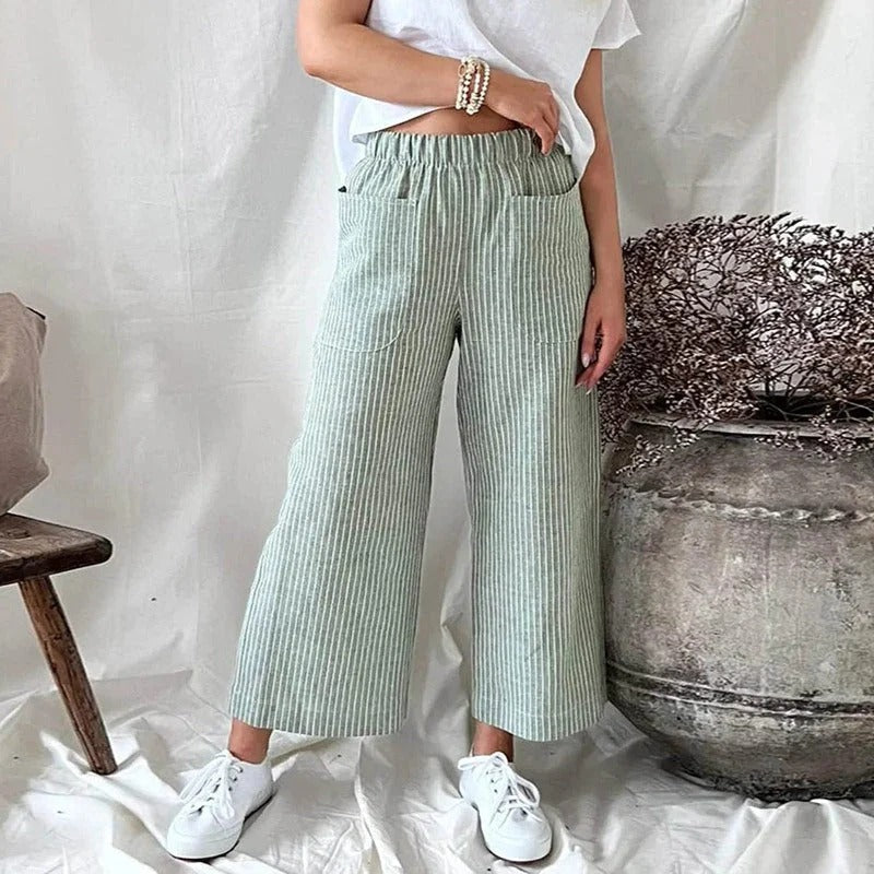 Striped Linen Trousers with Pockets for Women