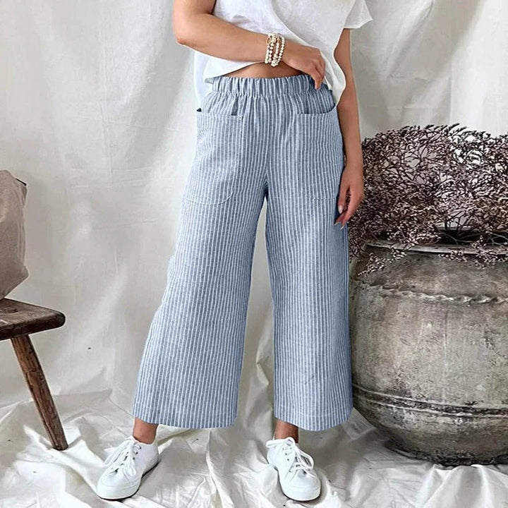 Striped Linen Trousers with Pockets for Women