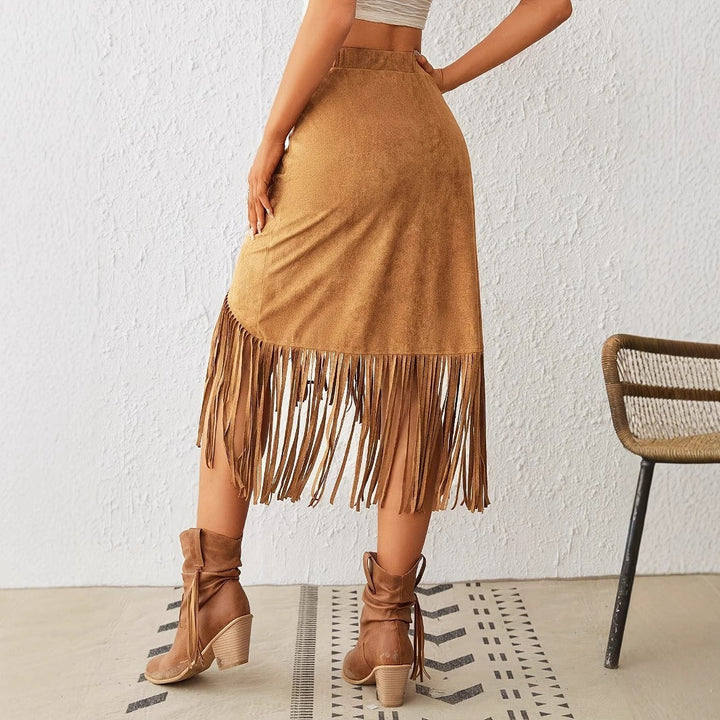 Midi skirt for women in suede with fringes, bohemian style Samira, view 2 - Elena Harper