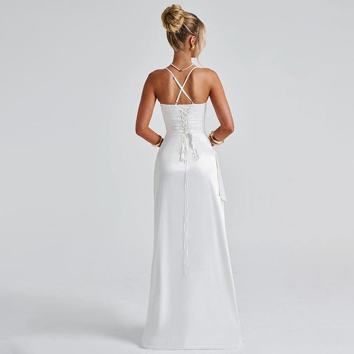 Long Satin Ruffled Dress with Side Slit - Lorena