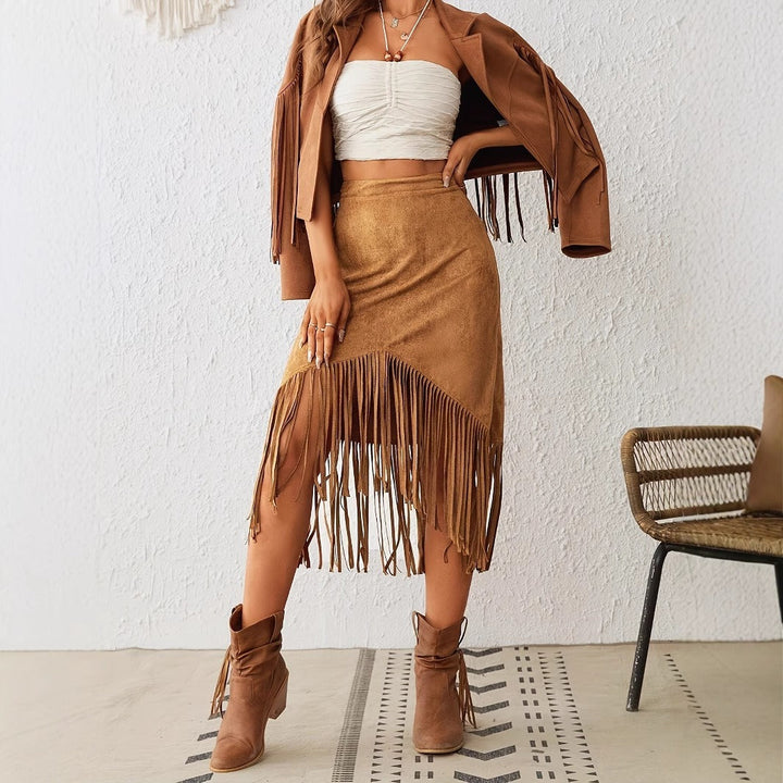Midi skirt for women in suede with fringes, bohemian style Samira, view 4 - Elena Harper