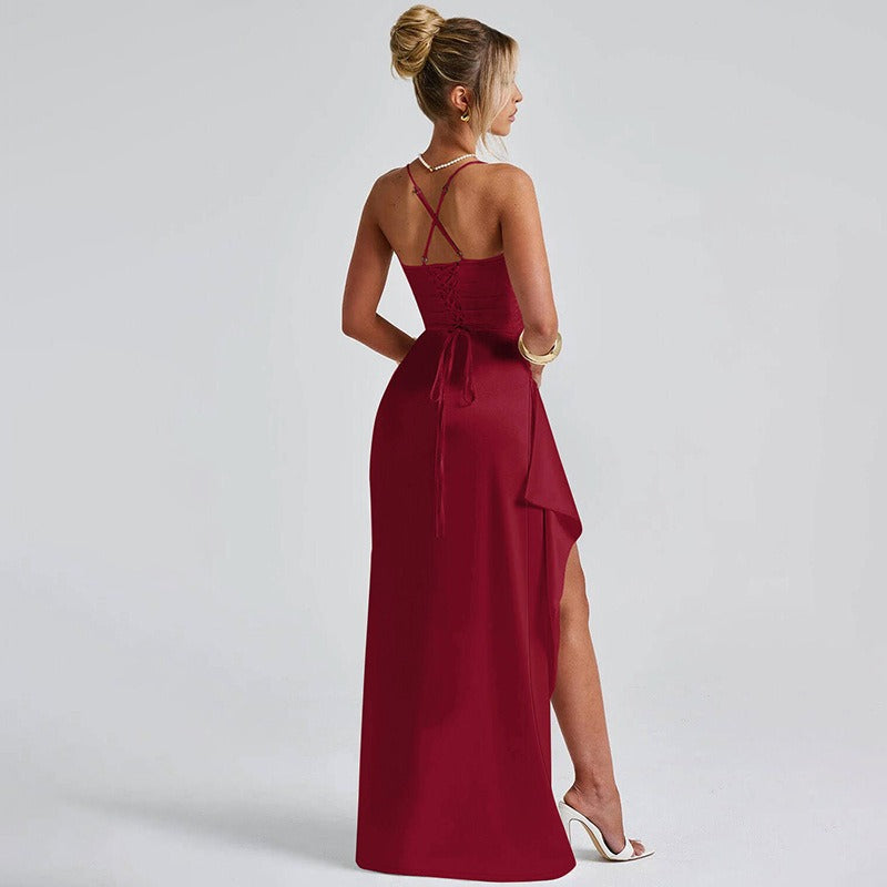 Long Satin Ruffled Dress with Side Slit - Lorena