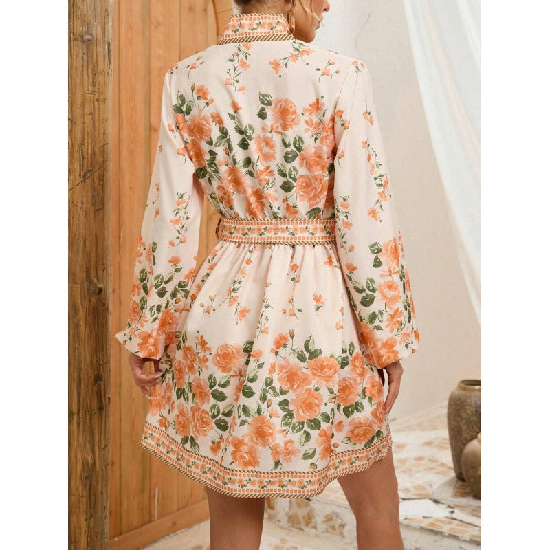 Bohemian Floral Short Dress for Women with Belt Elvire, view 2 - Elena Harper