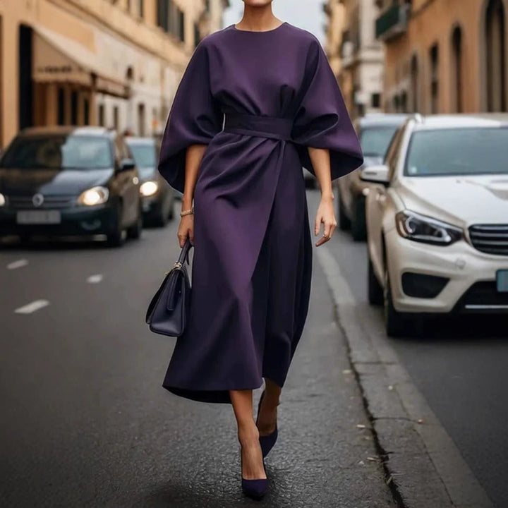 Women's Long Batwing Sleeve Dress with Elegant Belt - Nekta