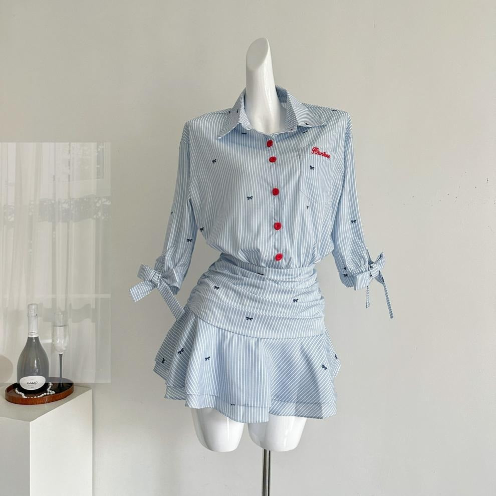 Women's Striped Dress with Button Blouse and Pleated Miniskirt - Norys