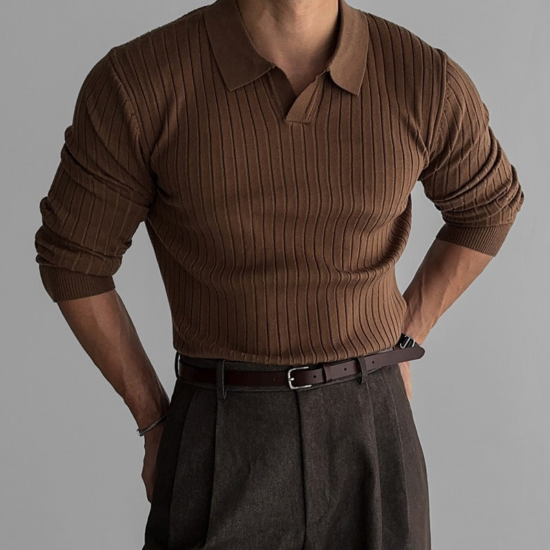 Men's Ribbed Knit Polo Neck Fitted Sweater - Bruno