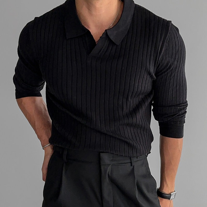 Men's Ribbed Knit Polo Neck Fitted Sweater - Bruno