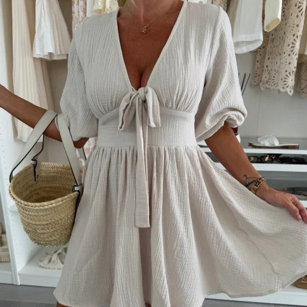 Short women's dress with ruched neckline and puffed sleeves - Céline