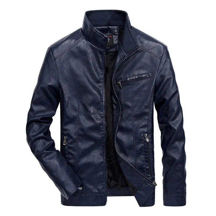 Leather Jacket with Stand-Up Collar and Zipper Pockets for Men