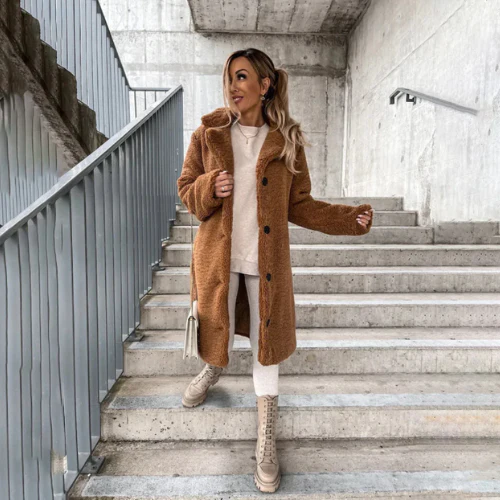 Long Teddy Coat with Lapel Collar for Women