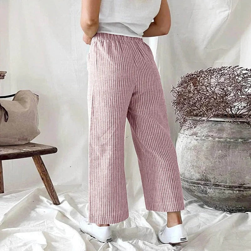 Striped Linen Trousers with Pockets for Women
