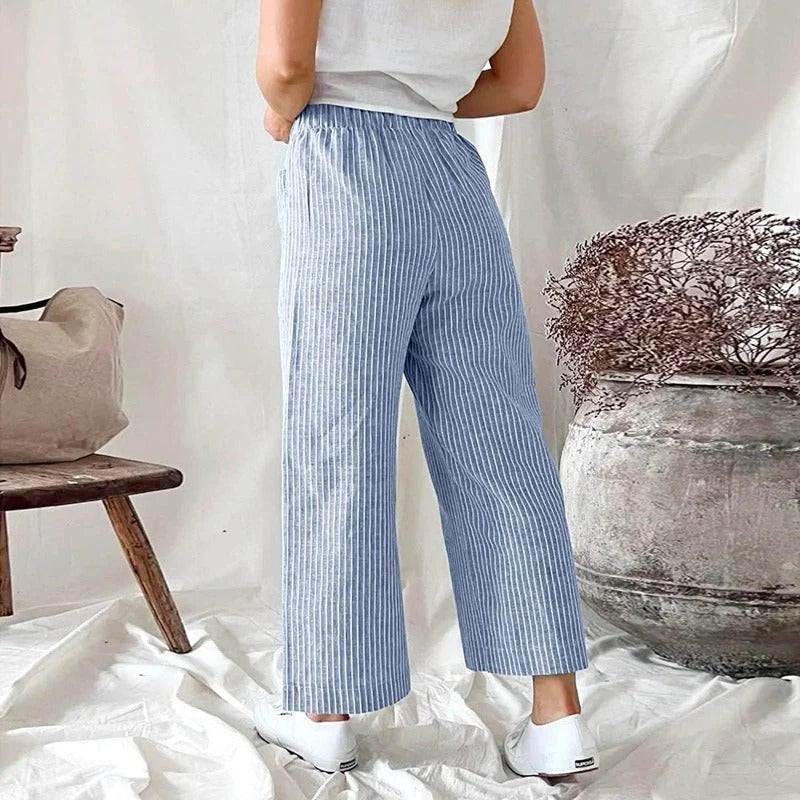 Striped Linen Trousers with Pockets for Women