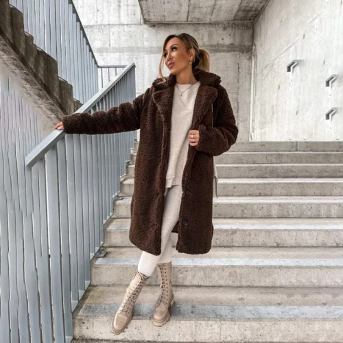 Long Teddy Coat with Lapel Collar for Women