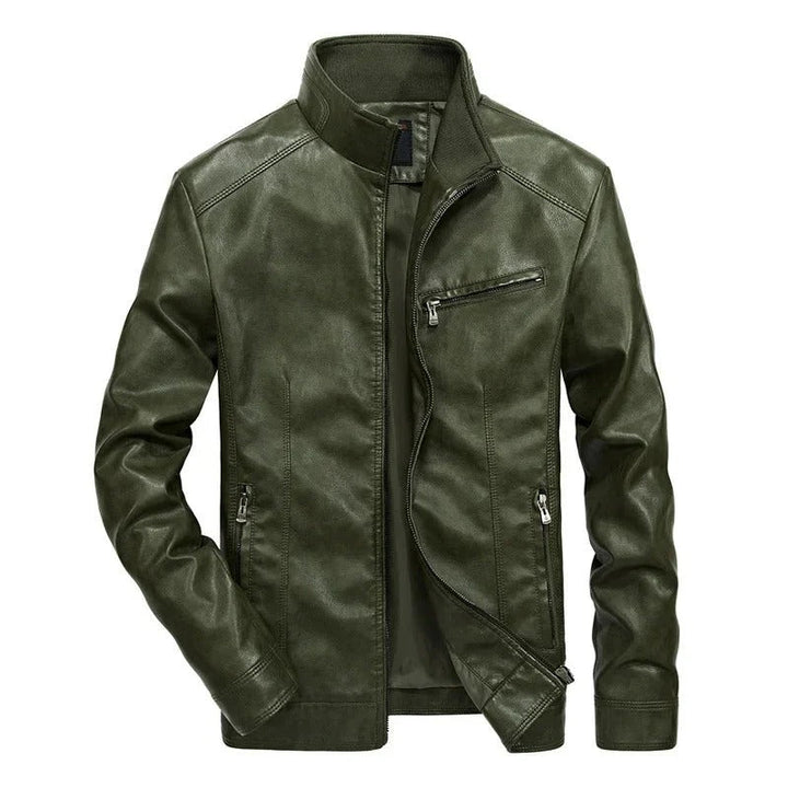 Leather Jacket with Stand-Up Collar and Zipper Pockets for Men
