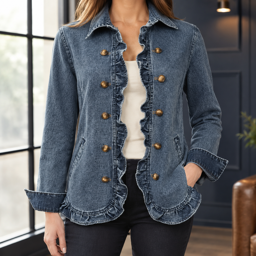 Women's Ruffle-Trim Double-Breasted Denim Jacket – Barmouth