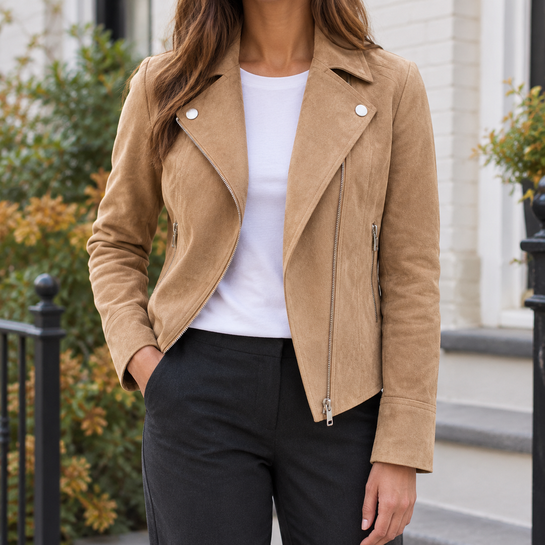Women's Suede-Effect Biker Jacket with Asymmetric Zip – Burnham