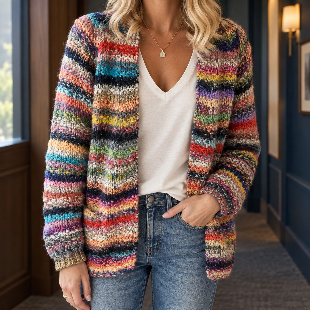 Nansi - Women's multicoloured striped chunky knit open-front cardigan