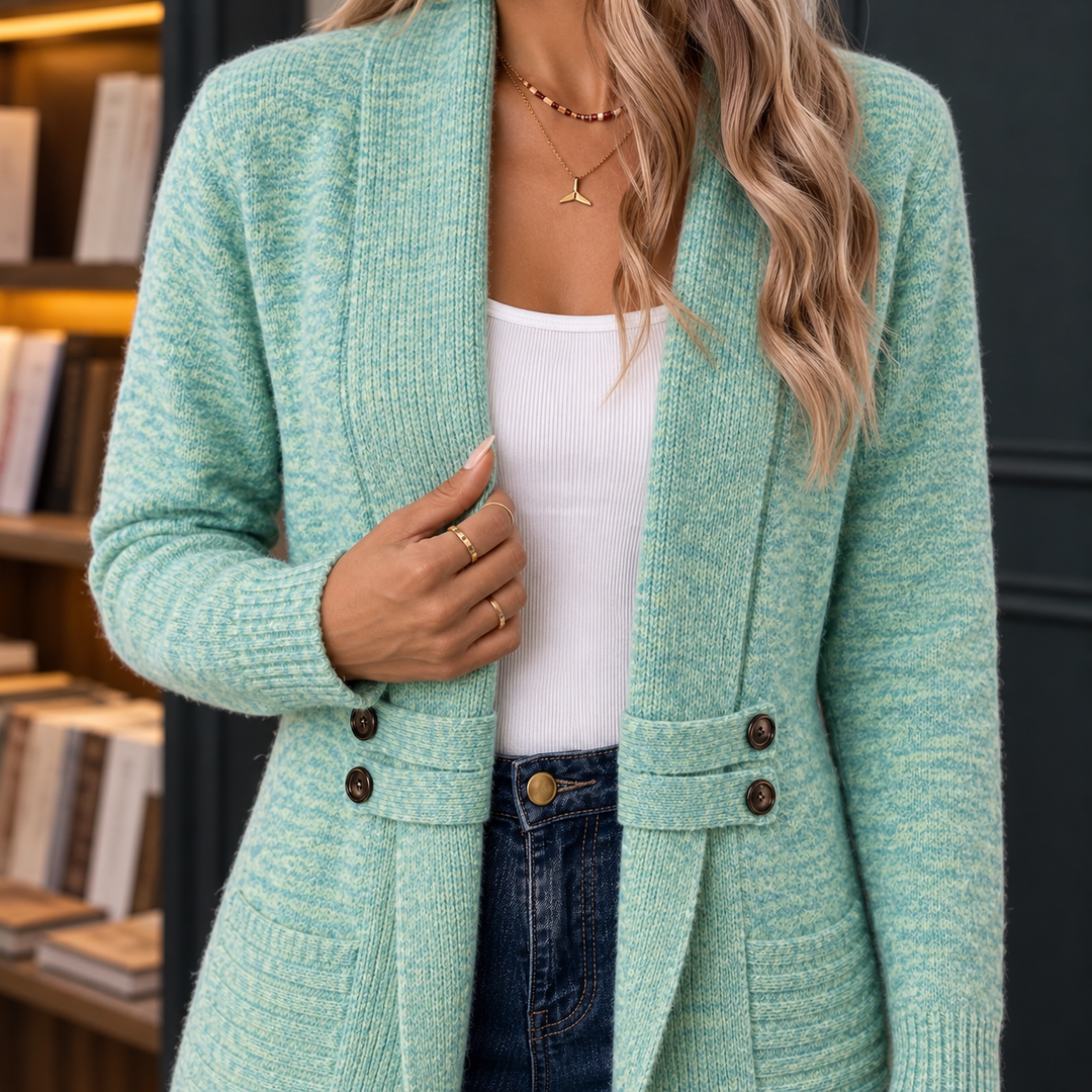 Esmerelda - Women's longline shawl collar cardigan with button tabs