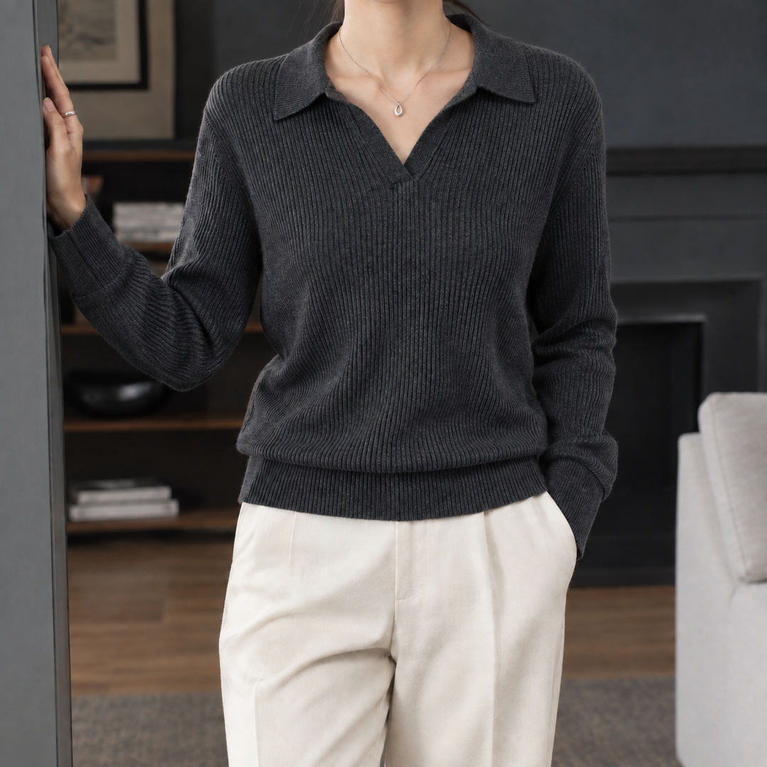 Women's Ribbed Knit Polo Collar Jumper – Janet