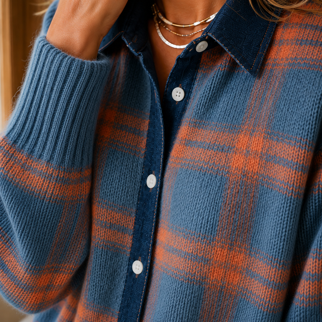 Aelwen - Women's check knit collared button-through cardigan