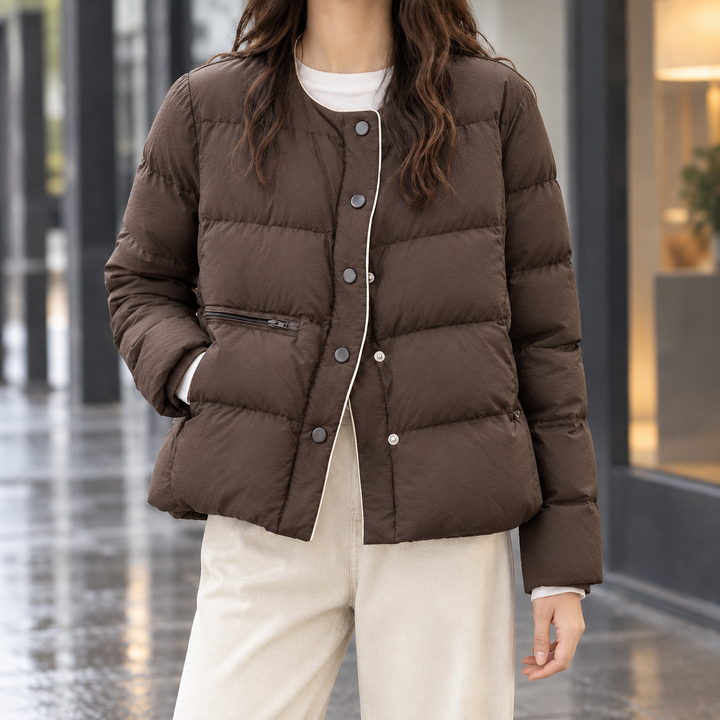Women's Collarless Quilted Down Jacket with Contrast Piping – Sedbergh