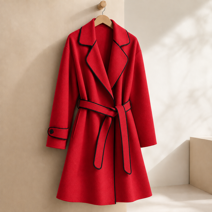 Women's Belted Wrap Coat with Contrast Piping – Wantage