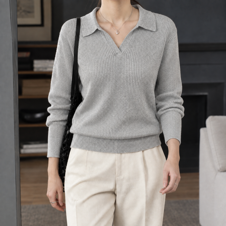 Women's Ribbed Knit Polo Collar Jumper – Janet