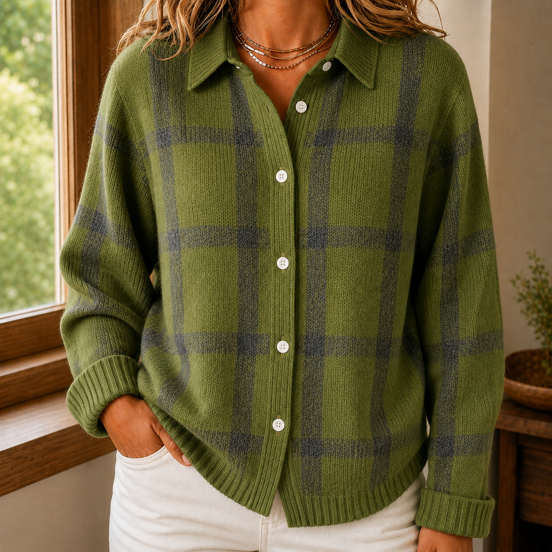 Aelwen - Women's check knit collared button-through cardigan