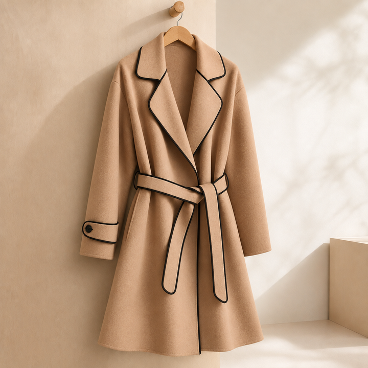 Women's Belted Wrap Coat with Contrast Piping – Wantage