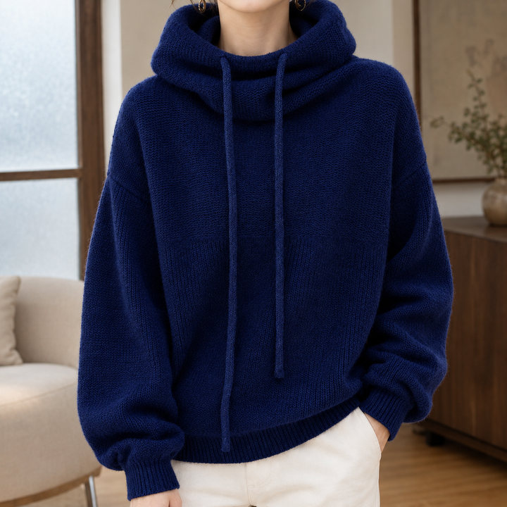 Women's Oversized Cowl Neck Knitted Hoodie with Drawstrings Edna, view 4 - Elena Harper