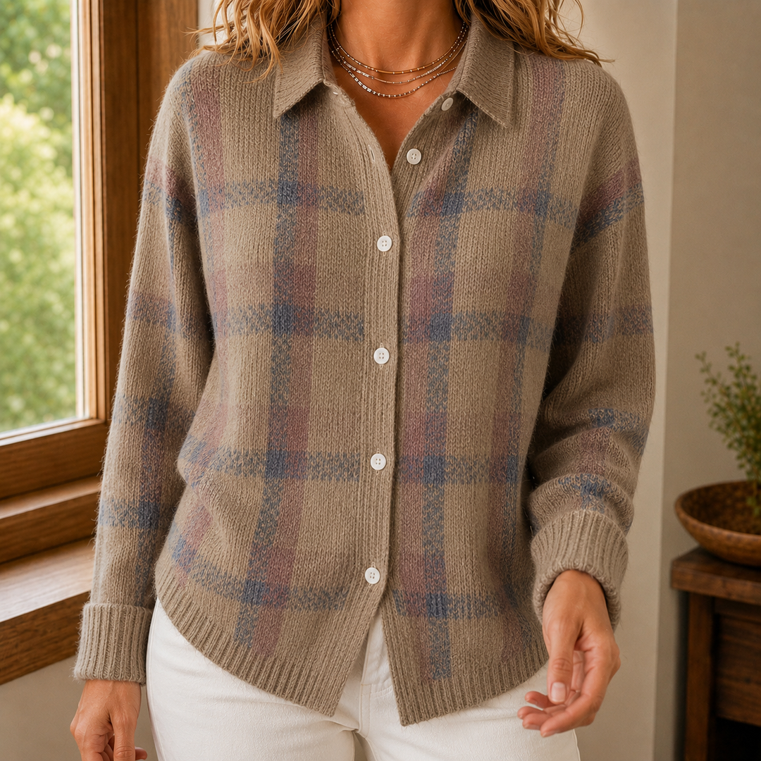 Aelwen - Women's check knit collared button-through cardigan