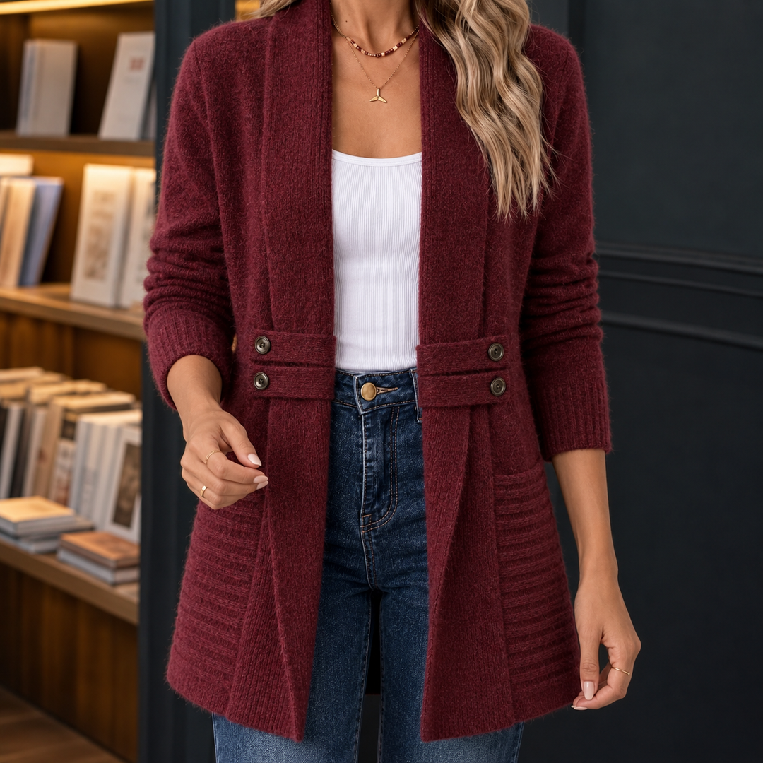 Esmerelda - Women's longline shawl collar cardigan with button tabs