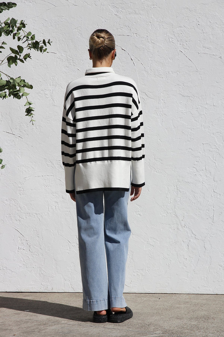 Women's Oversized Striped High Neck Sweater - Runa